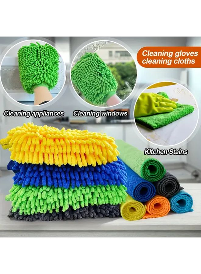 Green Chenille Cleaning Gloves And Cloths 4pcs Multi Purpose For Car Home Kitchen - Image 1